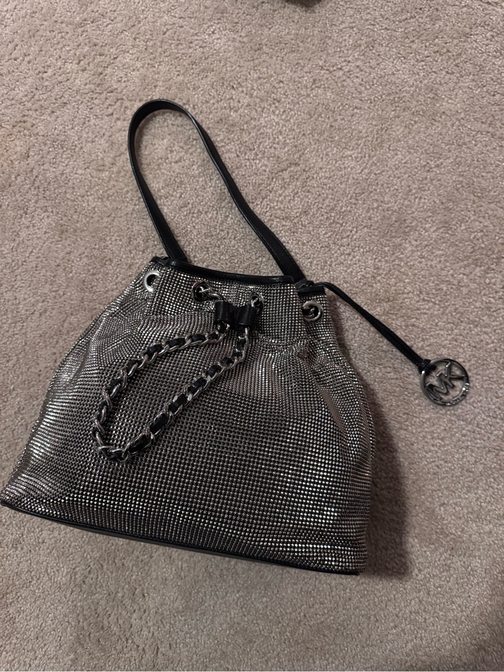Michael Kors Black and Silver Mesh Drawstring Shoulder Bag